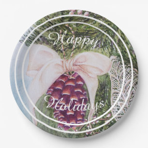 Beautiful Tree Pine Cone Happy Holiday Party Paper Plate