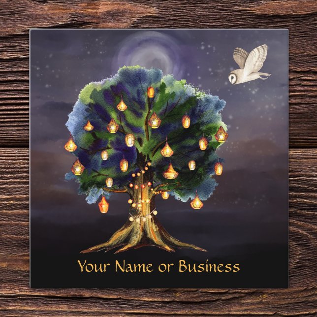Beautiful Tree with Lanterns, Moon and Owl Square Business Card (Creator Uploaded)