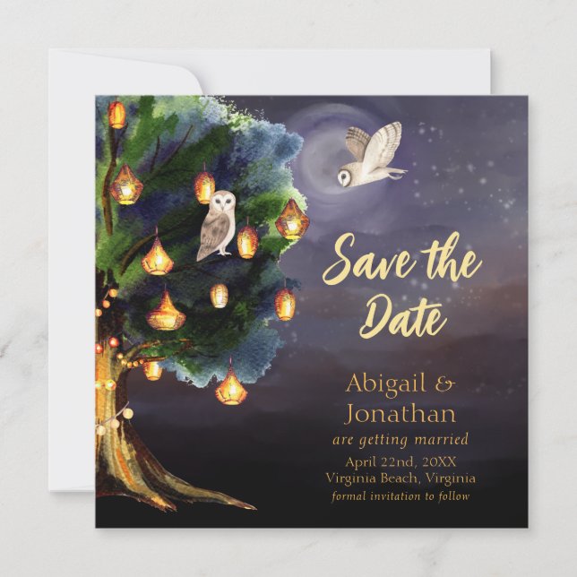 Beautiful Tree with Lanterns, Moon, Owl Wedding Save The Date (Front)