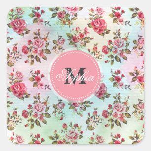 Beautiful trendy girly vintage monogram  roses square sticker