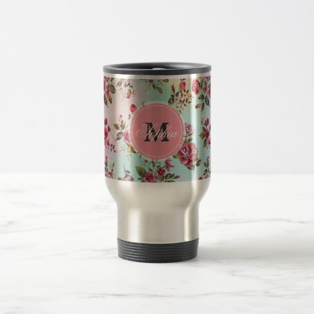 Beautiful trendy girly vintage monogram  roses travel mug (Center)