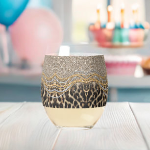 Beautiful Trendy Leopard Faux Animal Print Stemless Wine Glass