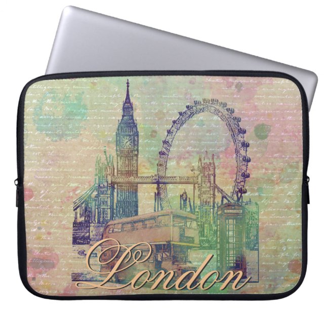 Beautiful trendy Vintage London Landmarks Laptop Sleeve (Front)