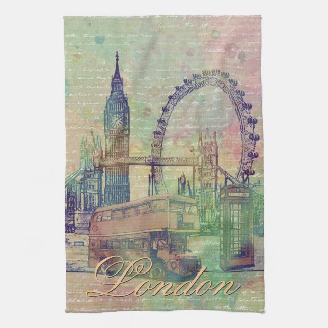 Beautiful trendy Vintage London Landmarks Tea Towel (Vertical)