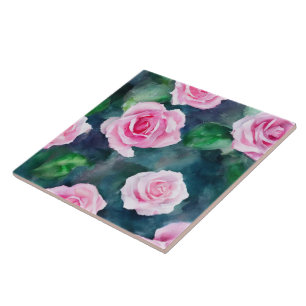 Beautiful Trendy Watercolor Pink Roses Collection Tile
