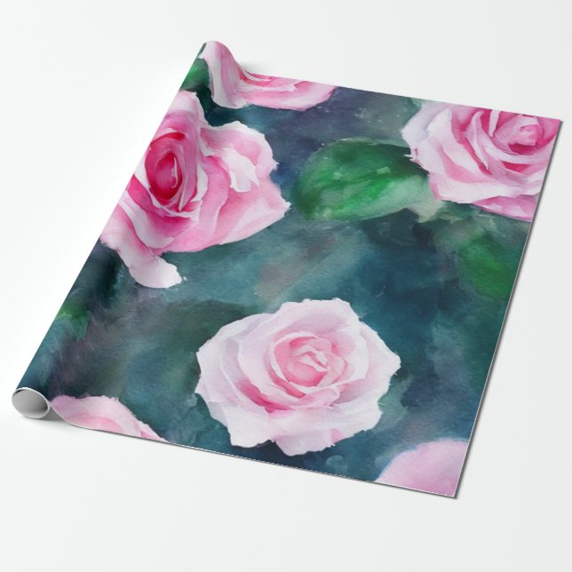 Beautiful Trendy Watercolor Pink Roses Collection Wrapping Paper (Unrolled)