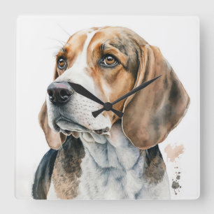 BEAUTIFUL TRI-COLORED BEAGLE HOUND DOG SQUARE WALL CLOCK