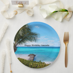 Beautiful Tropical Beach Breezy Palm Tree Birthday Paper Plate