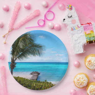 Beautiful Tropical Beach Breezy Palm Tree Paper Plate