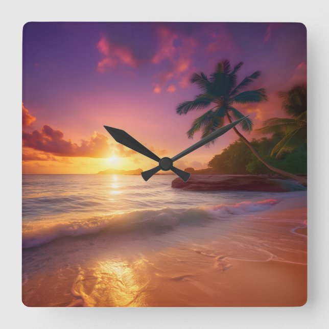 Beautiful Tropical Beach Sunset Clock (Front)