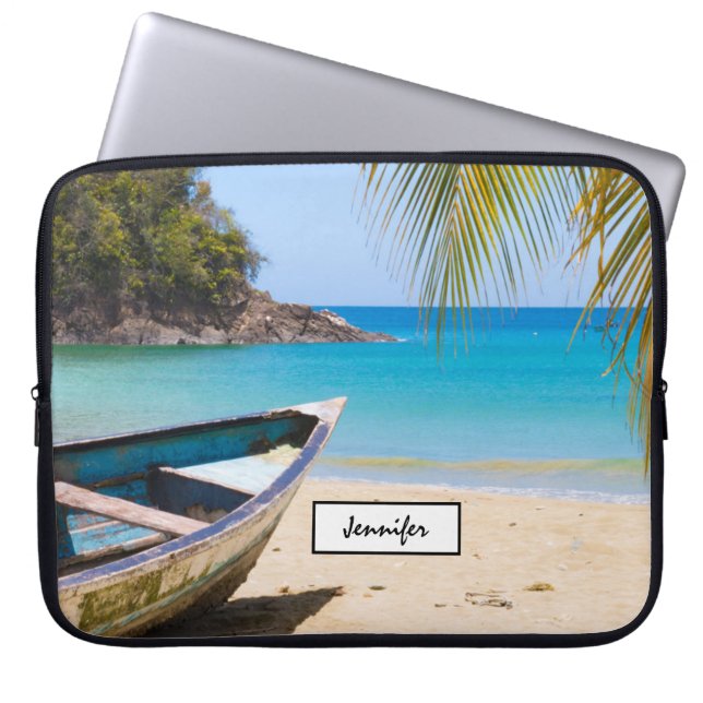 Beautiful Tropical Beach with a Rowboat Laptop Sleeve (Front)