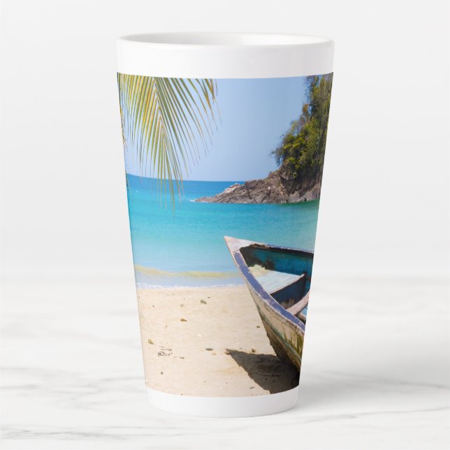Beautiful Tropical Beach with a Rowboat Latte Mug (Front)