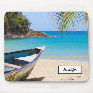 Beautiful Tropical Beach with a Rowboat Mouse Mat