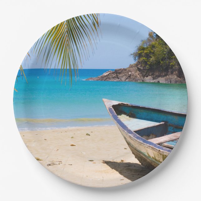 Beautiful Tropical Beach with a Rowboat Paper Plate (Front)