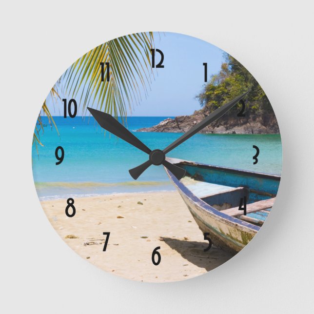 Beautiful Tropical Beach with a Rowboat Round Clock (Front)