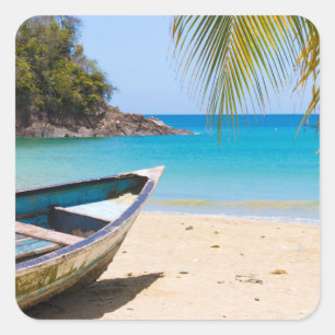 Beautiful Tropical Beach with a Rowboat Square Sticker