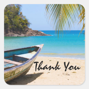 Beautiful Tropical Beach with a Rowboat Thank You Square Sticker