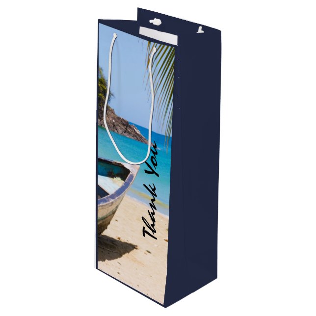 Beautiful Tropical Beach with a Rowboat Thank You Wine Gift Bag (Front Angled)