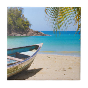 Beautiful Tropical Beach with a Rowboat Tile