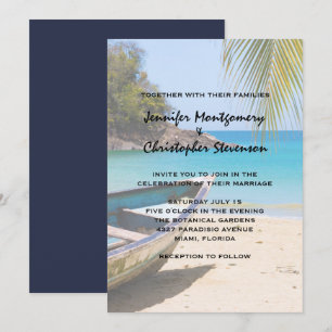 Beautiful Tropical Beach with a Rowboat Wedding Invitation