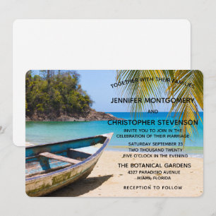 Beautiful Tropical Beach with a Rowboat Wedding Invitation