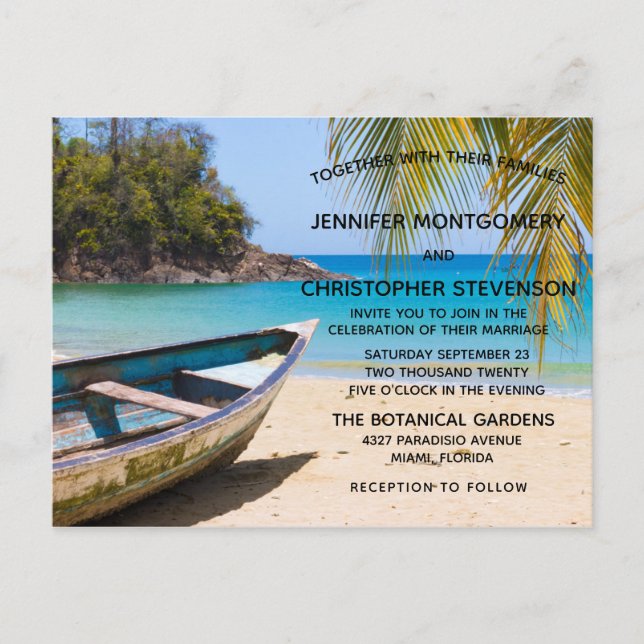 Beautiful Tropical Beach with a Rowboat Wedding Invitation Postcard (Front)