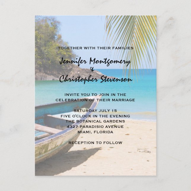 Beautiful Tropical Beach with a Rowboat Wedding Invitation Postcard (Front)