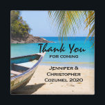 Beautiful Tropical Beach with a Rowboat Wedding Magnet<br><div class="desc">Wedding thank you magnet with an idyllic tropical beach scene. Turquoise blue crystal clear water and a soft brown sandy beach. Some palm leaves hanging down from above. An old wooden rowboat sits on the beach. A serene and peaceful landscape.</div>
