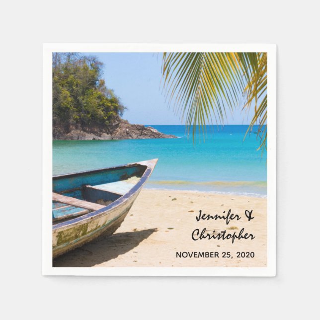 Beautiful Tropical Beach with a Rowboat Wedding Napkin (Front)