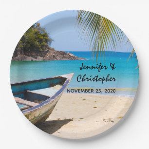 Beautiful Tropical Beach with a Rowboat Wedding Paper Plate