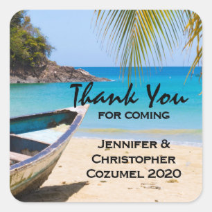 Beautiful Tropical Beach with a Rowboat Wedding Square Sticker
