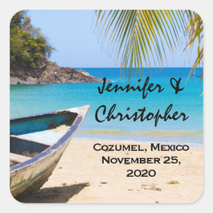 Beautiful Tropical Beach with a Rowboat Wedding Square Sticker