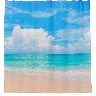 Beautiful tropical beach with blue sky and white c shower curtain