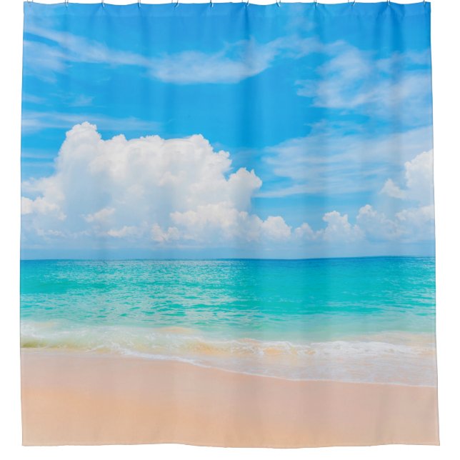 Beautiful tropical beach with blue sky and white c shower curtain (Front)