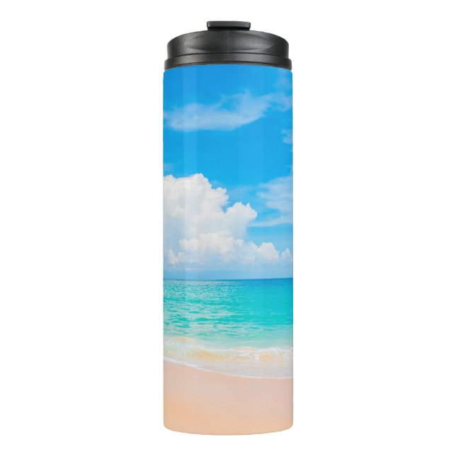 Beautiful tropical beach with blue sky and white c thermal tumbler (Front)