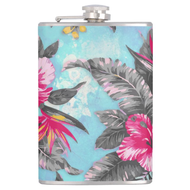 Beautiful tropical floral paint watercolours hip flask (Front)