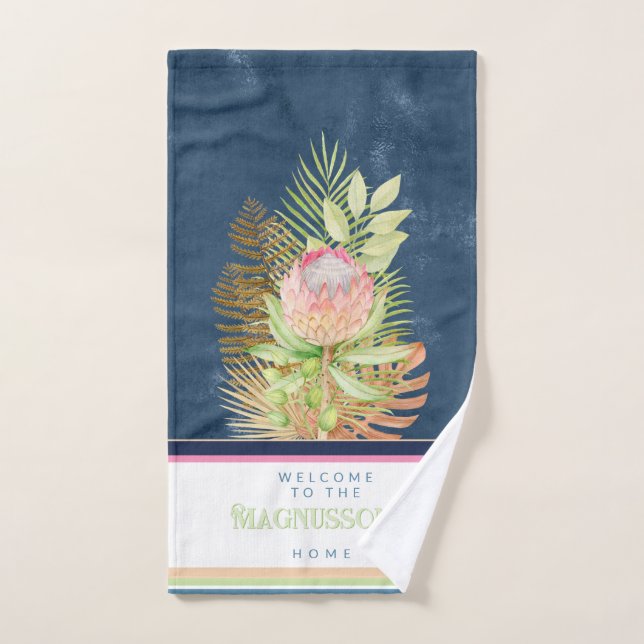 Beautiful tropical flowers on batik blue custom hand towel (Hand Towel)