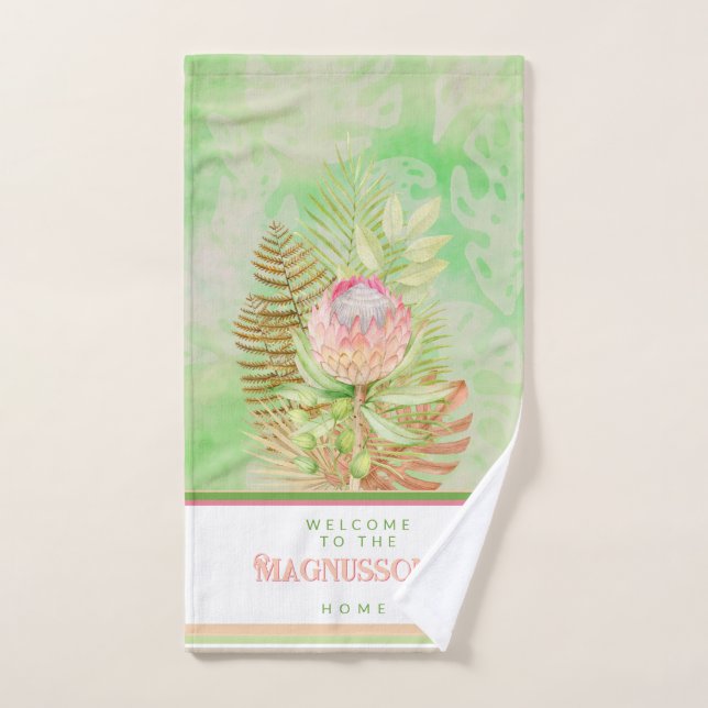 Beautiful tropical flowers on batik green custom hand towel (Hand Towel)
