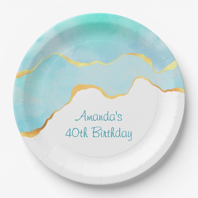 Beautiful Tropical Green Blue with Gold Border Paper Plate (Front)