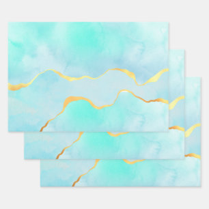 Beautiful Tropical Green Blue with Gold Border Wrapping Paper Sheet