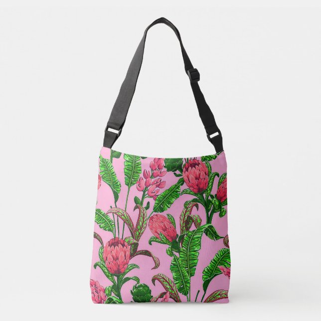 Beautiful Tropical Green Leaves with Red Flowers | Crossbody Bag (Front)