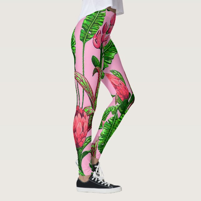 Beautiful Tropical Green Leaves with Red Flowers | Leggings (Right)