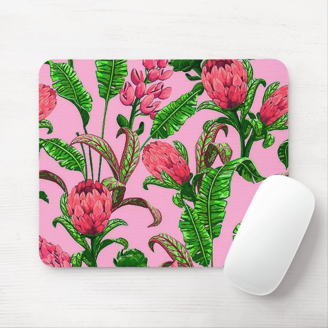 Beautiful Tropical Green Leaves with Red Flowers | Mouse Mat (With Mouse)