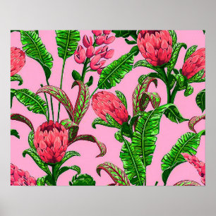 Beautiful Tropical Green Leaves with Red Flowers   Poster
