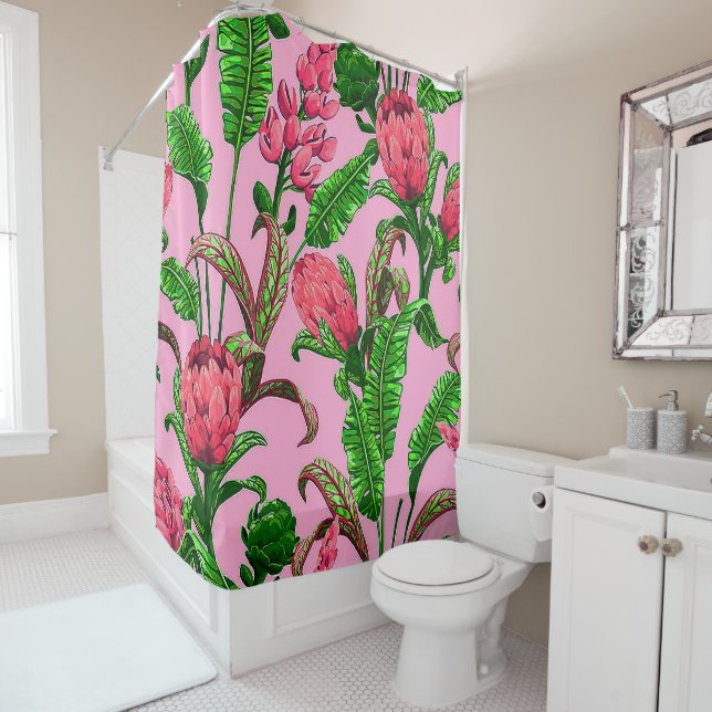 Beautiful Tropical Green Leaves with Red Flowers | Shower Curtain (In Situ)