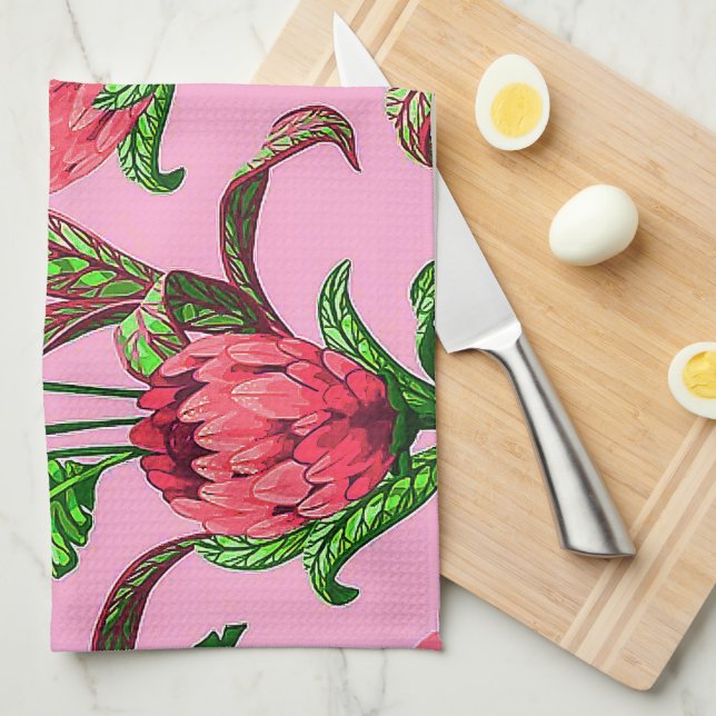 Beautiful Tropical Green Leaves with Red Flowers | Tea Towel (Quarter Fold)