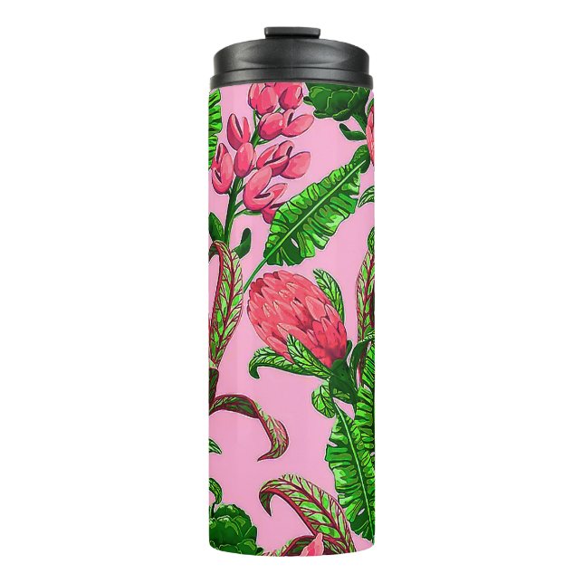 Beautiful Tropical Green Leaves with Red Flowers | Thermal Tumbler (Front)