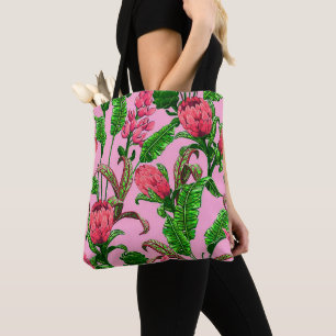 Beautiful Tropical Green Leaves with Red Flowers   Tote Bag