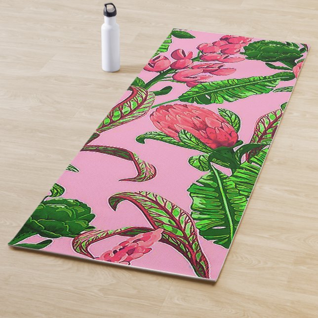 Beautiful Tropical Green Leaves with Red Flowers | Yoga Mat (In Situ)