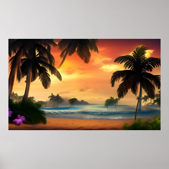 Beautiful Tropical island view ocean palm trees 2 Poster (Front)